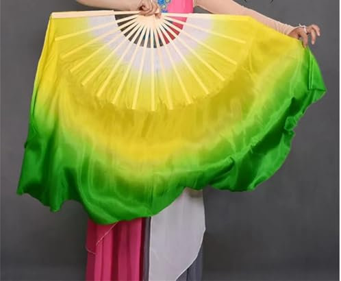 ZOAPDEBCE Belly Dance Long Fan, Silk Veil Handmade Belly Dance Fan Pair(1L+1R) 20 Inches Half Circle Real Silk Dance Fan Props(31cm 40cm2)