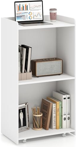 COSTWAY Rolling Lectern Stand, 105cm Presentation Podium with 2 Storage Shelves and 4 Universal Wheels, Wooden Speaking Reading Table Reception Desk for Classroom, Conference and Auditorium (White)