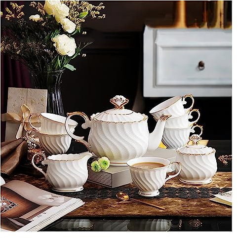 OWOHYG Fine Bone China Tea Set with Teapot & Sugar Bowl & Cream Pitcher & Tray, 10-Pieces Luxury Coffee Cup Service Sets for Women Tea Party