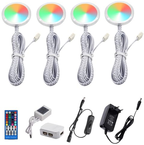AIBOO RGB Unterbauleuchte Küche LED mit Fernbedienung,Rund Schrankbeleuchtung Dimmbar Vitrinenbeleuchtung Farbwechsel Schranklicht für Vitrine, TV, Regale, Schrank Schlafzimmer Spielzimmer (4)