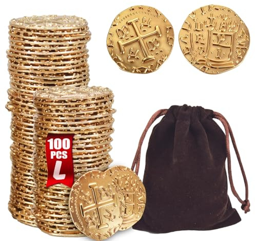 ZUCOS Piraten Münzen Zubehör,Goldmünzen-Set, Metall Goldtaler Deko Dublonen für DND Brettspiele, Cosplay, Realistische Mittelalter Geld-Imitation, Piratenschatz (100 PCS)