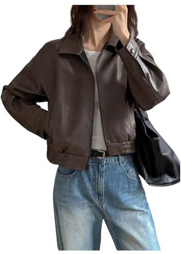 Milumia Women's Faux Leather Zip Up Jacket Vintage Collared Long Sleeve Motorcycle Jackets Brown Medium