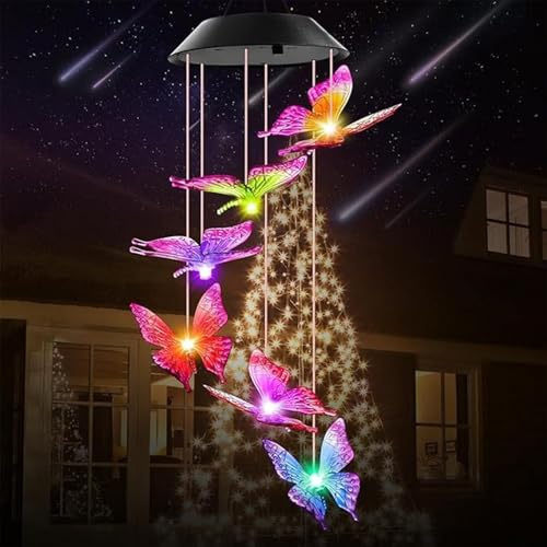 Schmetterling Solar Windspiel für Draußen, 6 LED Farbwechsel Windspiel, Solarbetriebene Gartenlampe, Solarbetriebene Gartenlampe Hängeleuchte für Garten, Errasse, Party Deko, Muttertagsgeschenke