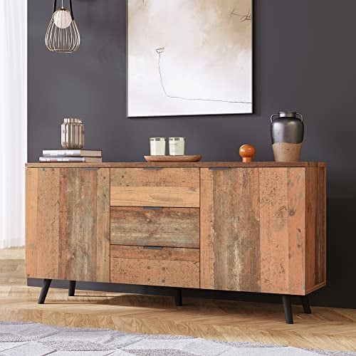 BTM Sideboard mit verstellbaren Regalen, Kommode, vertikaler Schrank, Aufbewahrungsschrank, DREI Schubladen, für Wohnzimmer, Esszimmer, Schlafzimmer, Vintage, Braun, 140cm