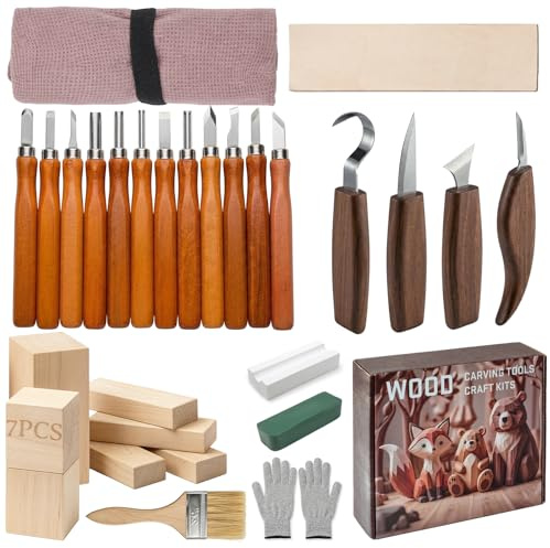 31 Pcs Woodworking Tools Kit, Wood Chisel Set with 16 Carving Tools& Blocks | PUYUKO Whittling & Cutting Accessories with Leather Strop, Roll Bag & Gloves, Carpenter DIY Gifts for Men & Beginners