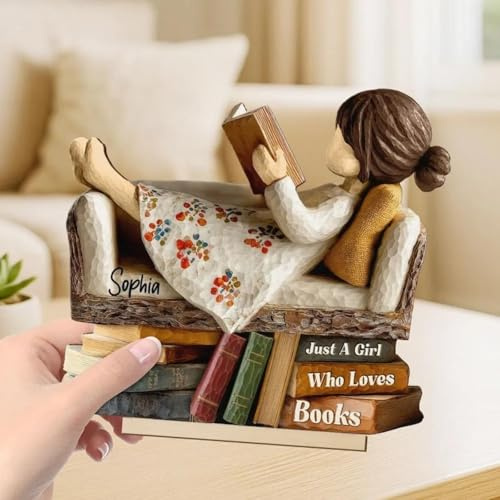 Personalized Just A Girl/Boy Who Loves Books,Personalized Wooden Plaque Man Woman Book Lover Reading Book on Sofa,Loves Books Wooden Figurine,Library Decor,Gift for Book Lover (woman,9.8 cm)