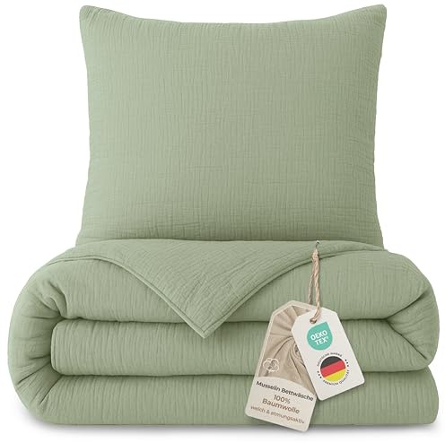 LAYNENBURG Musselin Bettwäsche 135x200 cm + 40x80 cm - Oeko-Tex – 100% Baumwolle – atmungsaktiv & bügelfrei – 2 lagiges Musselin mit Reißverschluss & Haltebändern (salbeigrün)