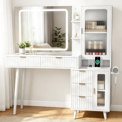 Dressing Table 75cm LED Mirror, Power Outlet & Glass Storage Bedroom Vanity | Bedroom Dressing Table 3 Color LED Lights, 5 Drawers 2 Glass Cabinets, MDF Frame, Hairdryer Holder Charging Station