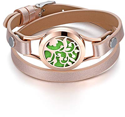 Flongo Aromatherapie Lederarmband Damen-Armband, Leder Armband Armreif Aroma Locket Diffuser Duftstofflocket mit Farbigen Filz-Pads ätherisches Öl Diffusor für Frauen