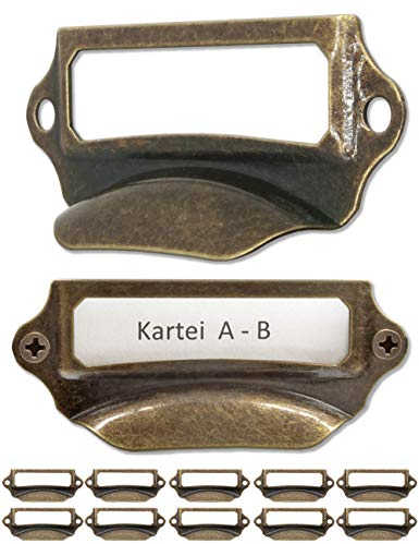 Fuxxer® 10x Etiketten-Fenster, Metall-Griffe in Antik Messing für Schubladen & Archive (55 x 17 mm)