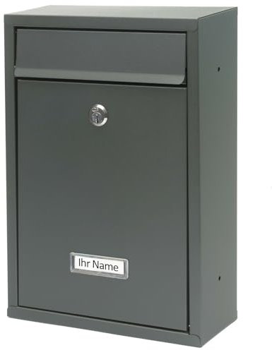 Verda Briefkasten PERSONALISIERT Anthrazit mit Namensschild und großem Briefschlitz, Postkasten 32 x 21 x 8 cm, personaliesierbar Designer Wandbriefkasten, 2X Schlüssel, Anthrazit RAL7016 SN3664-1