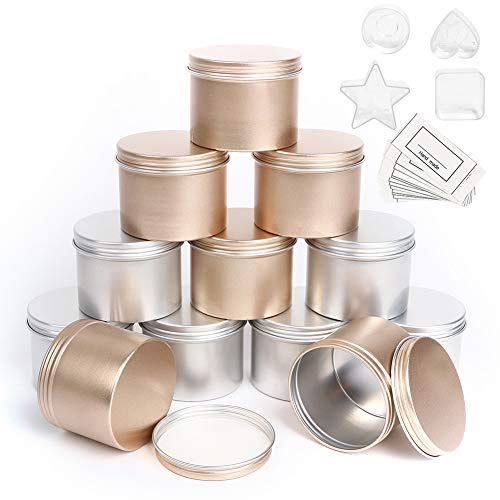 HOTOOLME 12 Pack Candle Jars Empty Containers（Gold Silver） | Metal Tin Round Aluminium,for Wax Melt Making Kit,with 4 Plastic Candle Making Cup