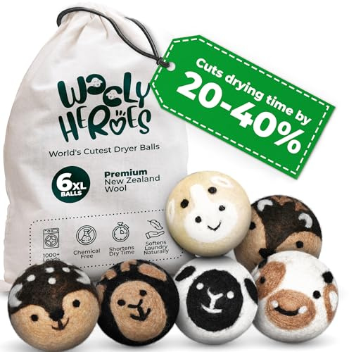 Wooly Heroes Bolas secadoras, 100% lana orgánica pura, ecológicas y sostenibles, secan 1.000 cargas (vaca bebé y amigos)