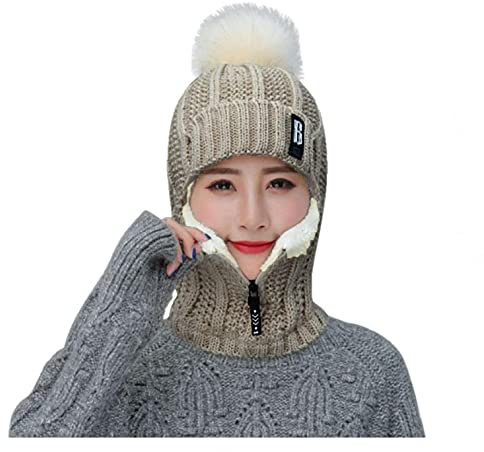 PAIDAXING Beanie Strickmütze Damen Mütze & Schal Fleece Gefüttert Ohrenschützer Wintermütze Neverless Thermal Radfahren mit Bommel-Mütze Damenmützen