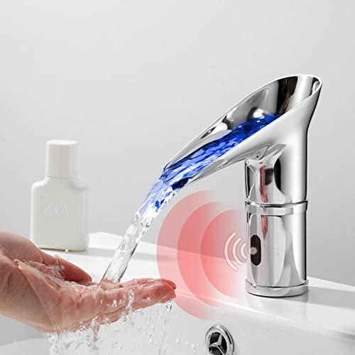 Rétro Mitigeur Lavabo Automatique à Infrarouge Eau Froide et Chaude Robinet Mitigeur Lavabo Cascade Led Changement de Couleur Robinet Automatique avec Capteur Infrarouge-Chrome_Bas