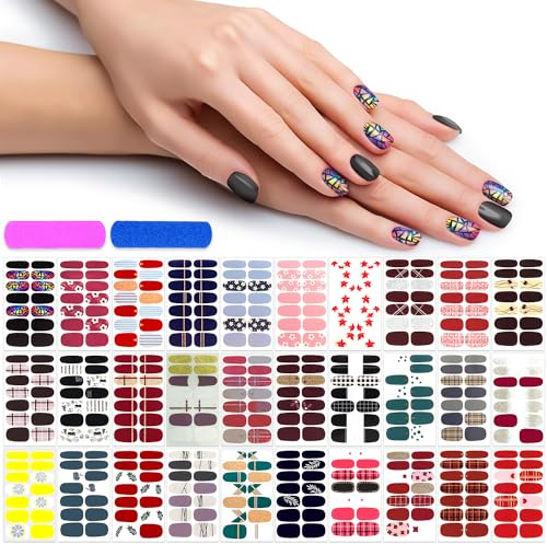 420 Pieces 30 Sheets Nail Polish Strips with Nail File Nail Stickers Full Nail Wraps Self Adhesive Nail Art Stickers Nail Strips for Women Girl Nail Art Accessories