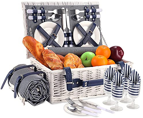 HYBDAMAI Picknickkorb für 4 Personen mit wasserdichter Picknickdecke und isoliertem Kühler, großer Weiden-Picknickkorb für Camping, Outdoor, Valentinstag, Geburtstag, Hochzeit, Abschlussgeschenk, Weiß