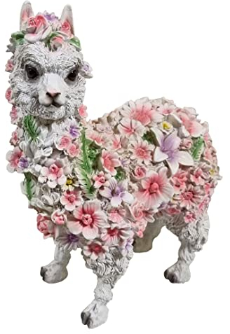 Fachhandel Plus Dekofigur Alpaka weiß mit Blumen lustige Gartendeko Tierfigur Indoor Outdoor