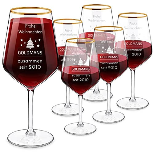 Maverton XL 6er Rotwein-Gläser Set mit Gravur 530 ml + Goldrand - Ø 9 cm, H: 22 cm – klassische Weingläser für Paare - zur Hochzeit - zum Hochzeitsjubiläum - zu Weihnachten - Weihnachtsbaum