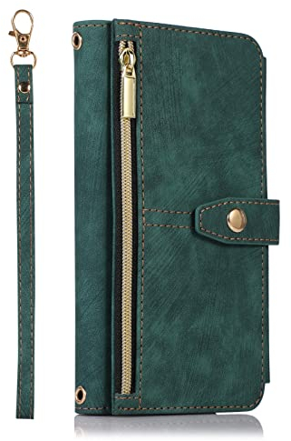 ZCDAYE Wallet Case for iPhone X/iPhone XS, Premium Leather Phone Case Women Ladies Holster with Card Slots Wrist Strap Zipper Flip Phone Cover for iPhone X/iPhone XS, Green