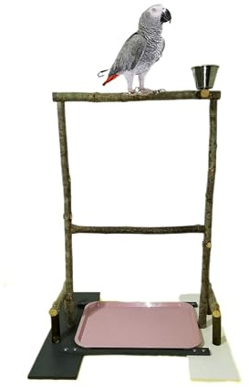 Posadero grande para loros yacos, amazonas, percha descanso y duchas de aves, juguete de madera natural con su corteza, parque con comedero de pájaros y bandeja de higiene, CALIDAD PREMIUM. (B)