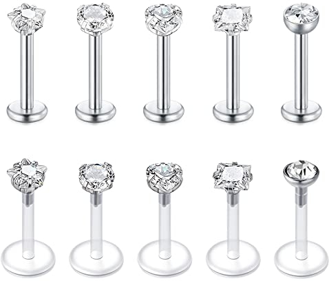 Funseedrr 10er 1.2mm Edelstahl Lippenpiercing Labret Stecker Set 8mm Silber Tragus Helix Piercing Schmuck