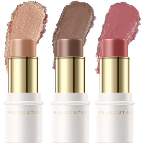 FALOCUTUS 3 Pcs MEDIUM-DEEP Contour Stick Set,Cream Blush & Highlighter Bronzer Pen,Long Lasting & Smooth Natural Face Contouring Illuminator,Professional Makeup Kit for All Skin