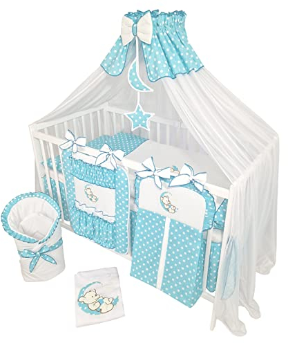 Bello24 - 14 Teiliges Kinderbettwäsche Babybettwäsche Komplettset ohne Bett Bestickt mit Teddybär auf dem Mond Azurblau (100x135 cm)