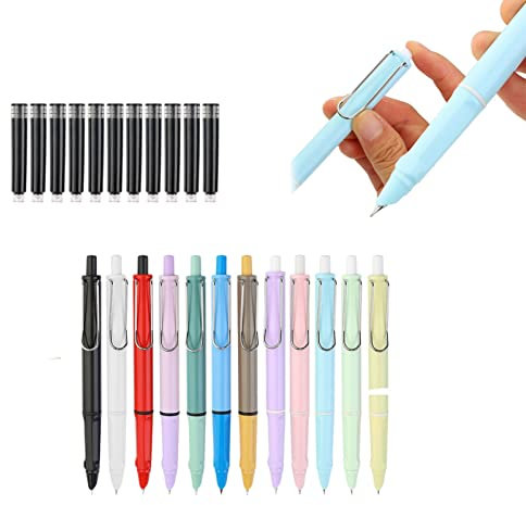 AGENCO 12pcs Retractable Fountain Pen, Press Type Refillable Ink Writing Pen, 0.38mm Retractable Fountain Pen Extra Fine, with 10 Black Ink
