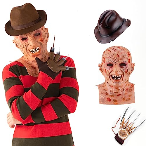 XehCaol Freddy Krüger Pullover Kostüm Maske Handschuh Gestreift Strickpullover Halloween Cosplay Kostüm Erwachsene (Kostüm, L)