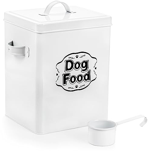 YOUEON 5 Lbs Metal Dog Food Storage Container with Lid and Scoop, Airtight Dog Treat Container, Farmhouse Pet Food Storage Container, Cute Dog Food Canister, Gift for Dogs and Owners, White