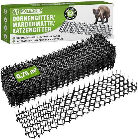ISOTRONIC Ahuyentador de gatos para exteriores, alfombrilla para martas, barrera para animales, contra caracoles, alfombrilla antiarañazos, para gatos (negro, 12 unidades)
