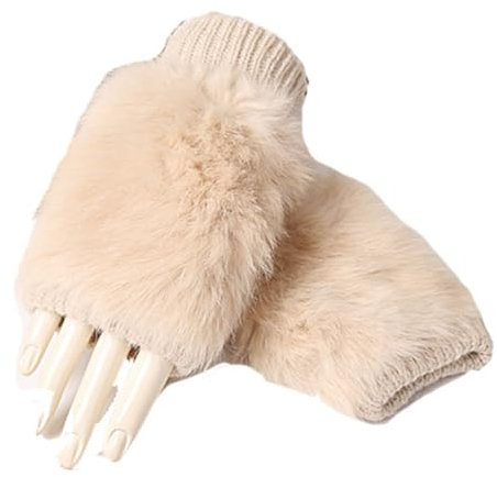 Yurosiay Damen Fingerlose Handschuhe Gestrickte Fäustlinge Winter Warmer Kaninchenfell Halbfinger Handschuhe Kurze Armstulpen Strick Fingerlose Handwärmer Pulswärmer für Damen Mädchen Beige