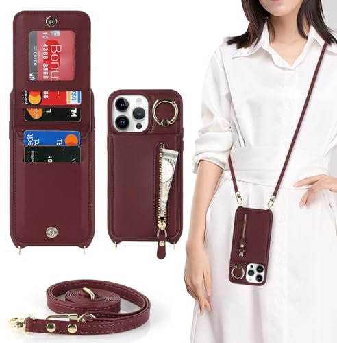 Zouzt for iPhone 14 Pro Max Case with Cord and Card Holde, Zipper Wallet Case with Crossbody Lanyard Ring Adjustable Necklace Protective Cover Women for iPhone 14 Pro Max 6.7 Inch - Burgundy
