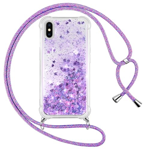 Vauki Cover per iPhone XS/X con Cordino, Trasparente Glitter Liquido Antiurto Brillantini Tracolla Custodia, Silicone Bumper Laccio Sabbie Donna Protettivo Case per iPhone XS, Viola