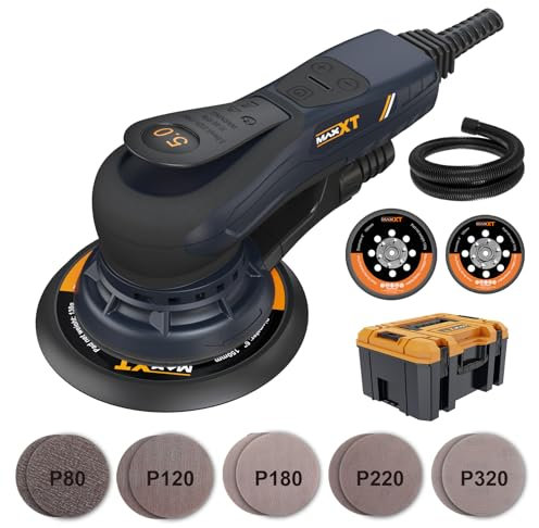 MAXXT 5.0mm Exzenterschleifer Brushless | 150mm & 125mm Dual-Schleifplatte | 350W EC-Motor | 4000-10000 U/min | Spritzgussbox | Mit 20 Schleifpapieren für Holzarbeiten, Polieren