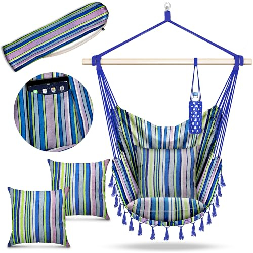 tillvex Silla Colgante hasta 150 kg | Columpio para Colgar en Exterior e Interior | Hamaca con Cuerda, Cojines y Flecos | Kit de Suspensión para Jardín, Terraza, Balcón (Multicolor (con 2 Cojines))