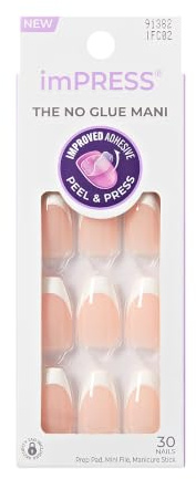 KISS imPRESS No Glue Mani Press On Nails, French, 'Ideal', White, Medium Size, Coffin Shape, Includes 30 Nails, Prep Pad, Instructions Sheet, 1 Manicure Stick, 1 Mini File