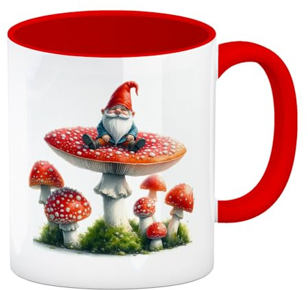 speecheese Kaffeebecher in schwarz Gartenzwerg auf einem Fliegenpilz | Lustige Garten Zwerg Tasse auf Pilz Figur Roter Weißer Gnom Statue Kaffeetasse