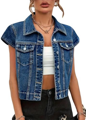 LifeShe Women's Short Sleeve Denim Jacket Cropped Cap Sleeve Jean Jackets Vest, Deep Blue, L