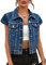 LifeShe Women's Short Sleeve Denim Jacket Cropped Cap Sleeve Jean Jackets Vest, Deep Blue, L