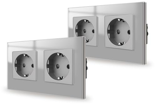 JIMEIDA Paquete de 2 enchufes dobles de vidrio gris empotrados, enchufes Schuko con contacto protector, enchufe de pared de 16 amperios, 250 V, 157 mm x 86 mm