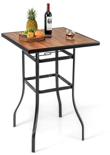 GOPLUS Gartentisch Metall, 70cm Beistelltisch Outdoor mit 39mm Schirmloch & Tischplatte in Holzoptik, Balkontisch klein hoch, Bistrotisch Stehtisch für Garten Hof Terrasse Balkon Pool