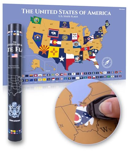 Atlas & Green Rubbelkarte der Vereinigten Staaten US-Bundesstaatskarte zum Rubbeln Poster US-Bundesstaatsflagge Reisekarte zum Abrubbeln für Reisen Große US-Bundesstaatskarte zum Rubbeln USA Karte