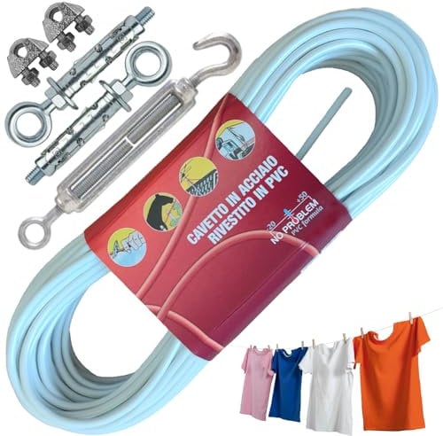 parpyon® Hilo para tender la colada de exterior d.4,5 mm resistente hilo tendedero para exterior Made in Italy cable de acero revestido (hilo + kit de pared, 20 m)