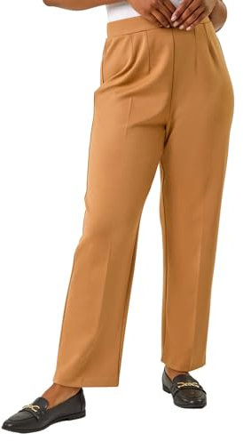 Roman Straight Leg Ponte Stretch Trouser for Women UK Ladies Pull on Bottoms Smart Autumn Winter Evening Work Office Business Formal Inteview Party Night Going Out - Size 18 - Petite Camel