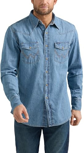 Wrangler Men's Denim Collection Snap Shirt, Light Wash Denim, Medium