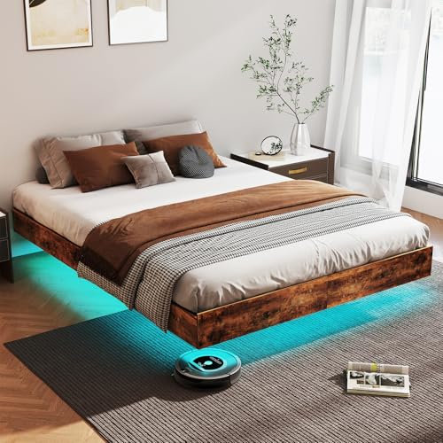 Floating Bed Frame King with LED Lights, Metal Platform King size Floating Bed Frame with Under Bed Storage, Heavy Duty Steel Slats Support, No Box Spring Needed, Noise Free, Easy Assembly, Brown