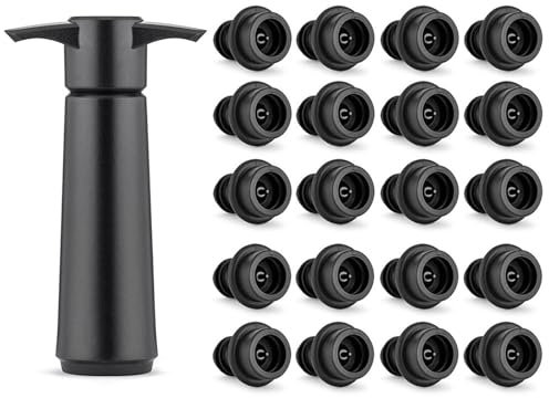 mumisuto Pompe à Vide Vin avec 20 Bouchons, Bouchon Vin Vide Air, Réutilisable Bouchon Bouteille Vin Garde le Vin Frais, Accessoires Vin, pour le Vin, Noir