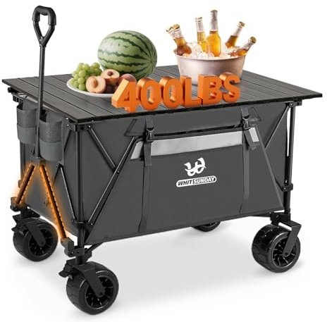 XXL Bollerwagen Faltbar,Transportwagen Klappbar mit Verstellbarem Griff,Handwagen Einkaufstrolley Groß,Strand Bollerwagen mit Alu-Tisch(92x56cm),Ideal für Camping, Supermarkt, Garten,400 lbs Traglast